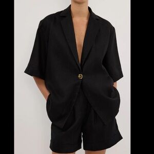 DISSH Black Linen Blazer with Decorative Gold Button